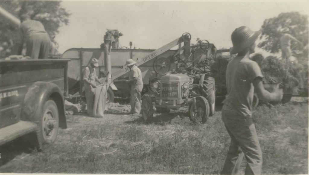 Black and white photo of men in a field with a truck, a tractor, and threshing machine